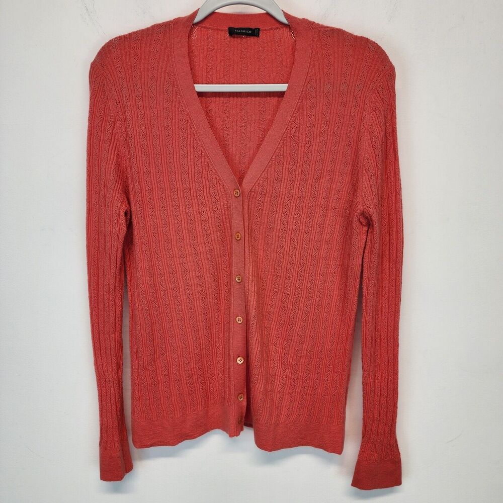 Manrico Italian Cashmere Cardigan Size L Pink Pointelle Knit V-neck Quiet Luxury